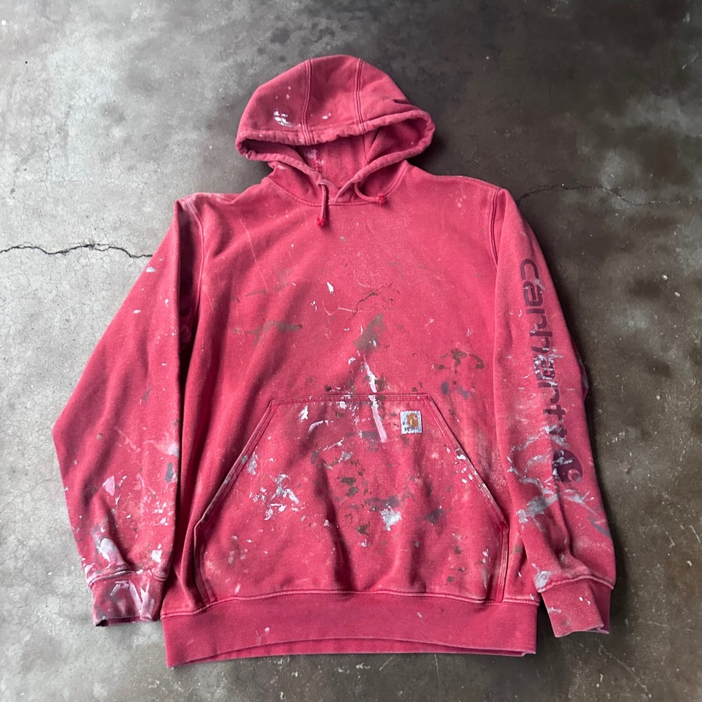 Carhartt Hoodie Mens Large Red Fair Distressed Paint Splatter Logo Sleeve
